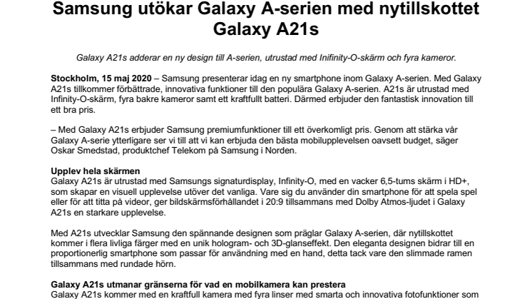 Samsung utökar Galaxy A-serien med nytillskottet Galaxy A21s