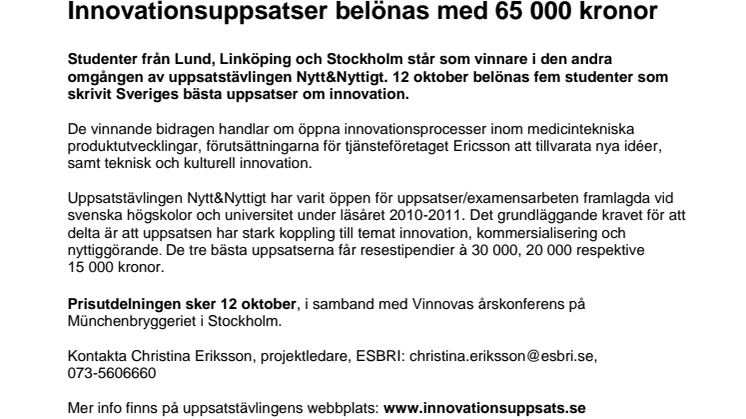 Innovationsuppsatser belönas med 65 000 kronor