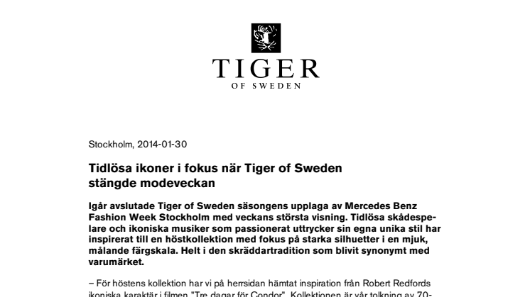 Tidlösa ikoner i fokus när Tiger of Sweden stängde modeveckan