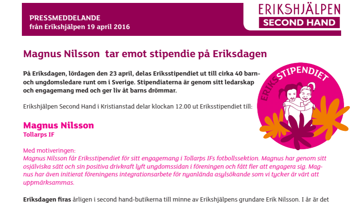 Magnus Nilsson tar emot Eriksstipendiet i Kristianstad