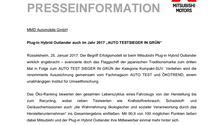 Plug-in Hybrid Outlander auch im Jahr 2017 „AUTO TESTSIEGER IN GRÜN“