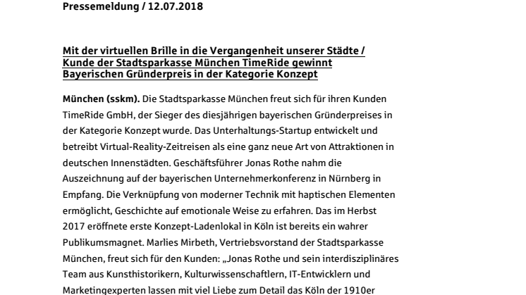 Mit der virtuellen Brille in die Vergangenheit unserer Städte / Kunde der Stadtsparkasse München TimeRide gewinnt Bayerischen Gründerpreis 