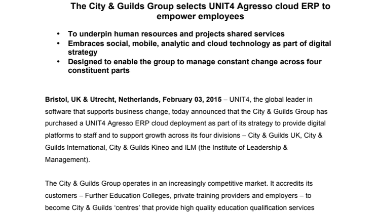 UNIT4 Agresso tar City & Guilds Group till molnet