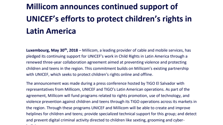Millicom announces continued support of UNICEF’s efforts to protect children’s rights in Latin America