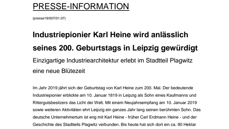 200 Geburtstag von Industriepionier Karl Heine am 10. Januar 2019