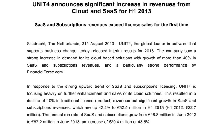 Stark tillväxt inom SaaS- och molntjänster för UNIT4 under första halvåret 2013