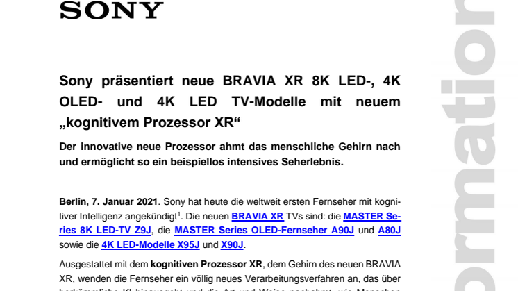 Sony präsentiert neue BRAVIA XR 8K LED-, 4K OLED- und 4K LED TV-Modelle mit neuem  „kognitivem Prozessor XR“