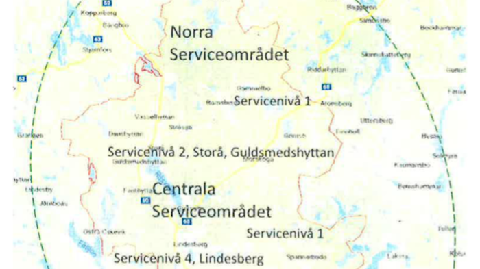 Lindesbergs kommun föreslås bli indelad i fyra servicenivåer (karta ut "Mindre många").