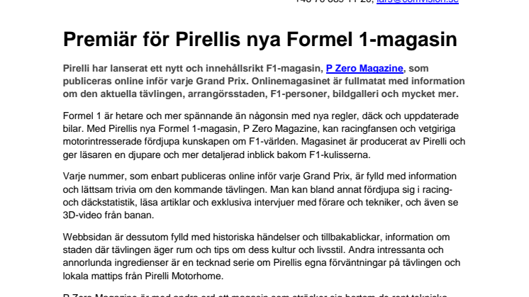 Premiär för Pirellis nya Formel 1-magasin