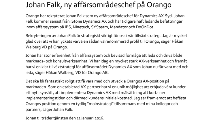 Johan Falk, ny affärsområdeschef på Orango