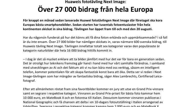 Huaweis fototävling Next Image:  Över 27 000 bidrag från hela Europa