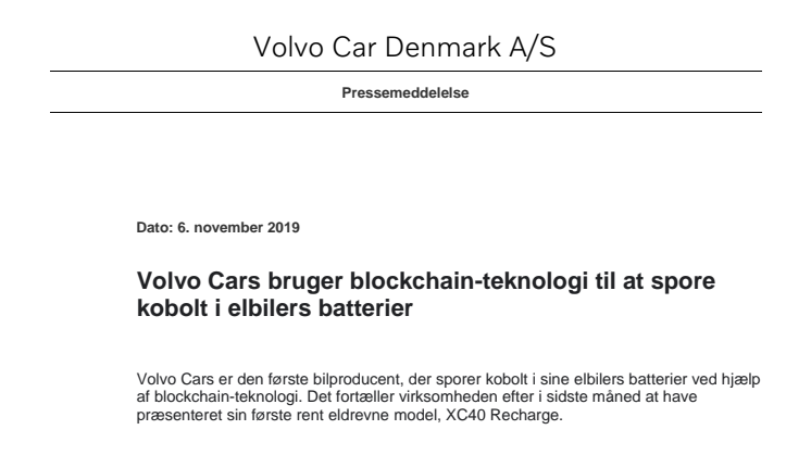 Volvo Cars bruger blockchain-teknologi til at spore kobolt i elbilers batterier