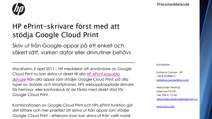 HP ePrint-skrivare först med att stödja Google Cloud Print 