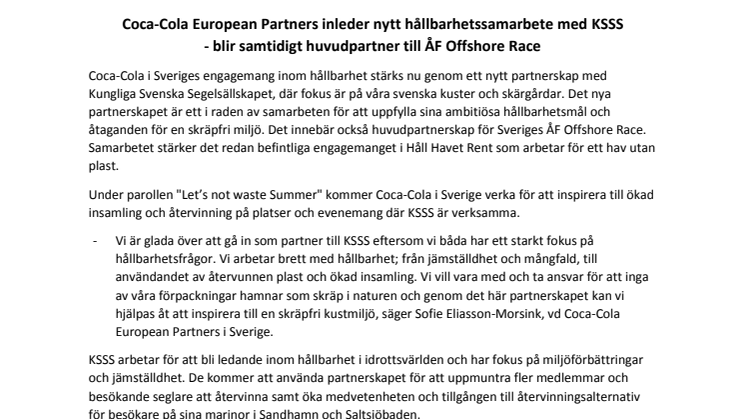 Coca-Cola European Partners inleder nytt hållbarhetssamarbete med KSSS  - blir samtidigt huvudpartner till ÅF Offshore Race 
