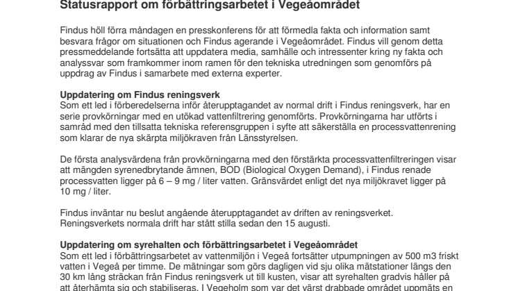 Statusrapport om förbättringsarbetet i Vegeåområdet 