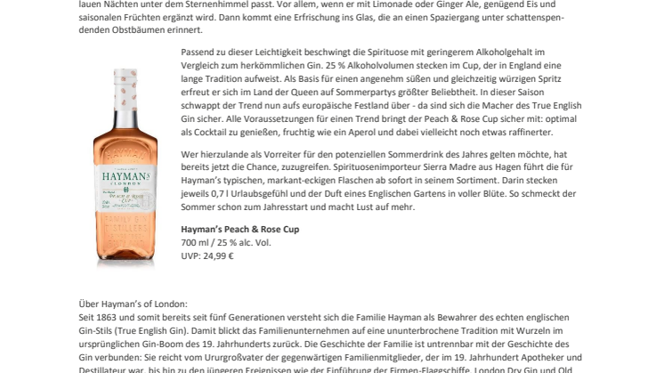 Hayman's Peach & Rose Cup - Jetzt auch in Deutschland erhältlich