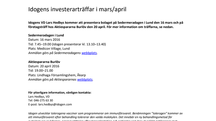 Idogens investerarträffar i mars/april