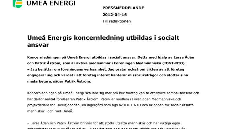 Umeå Energis koncernledning utbildas i socialt ansvar