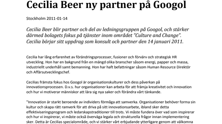 Cecilia Beer ny partner på Googol