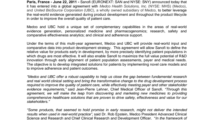 Sanofi Establishes a Global Agreement with Medco and UBC to Improve Quality of Patient Care through Real-World Evidence
