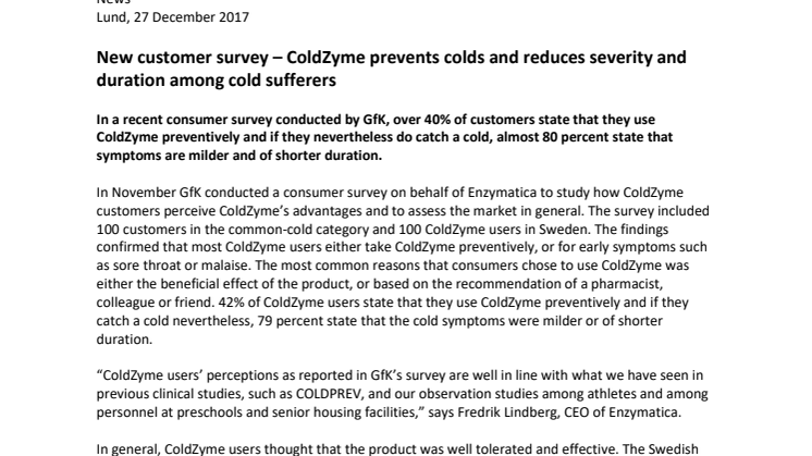 New customer survey – ColdZyme prevents colds and reduces severity and duration among cold sufferers