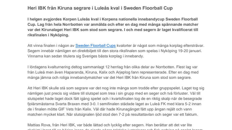 Heri IBK från Kiruna segrare i Luleås kval i Sweden Floorball Cup