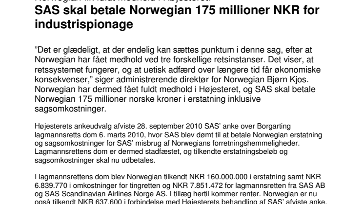 SAS skal betale Norwegian 175 millioner NKR for industrispionage