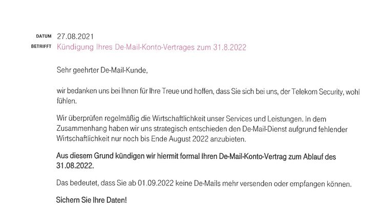 De-Mail Kündigungsschreiben der Telekom