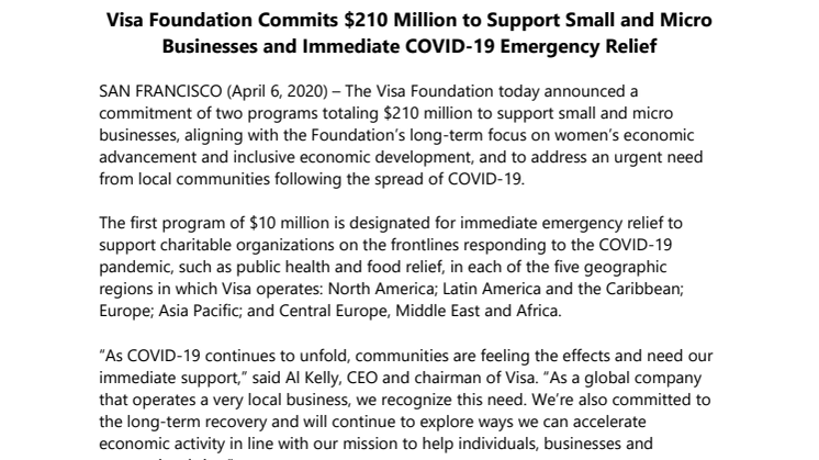 Visa Foundation Commits $210 Million to Support Small and Micro Businesses and Immediate COVID-19 Emergency Relief
