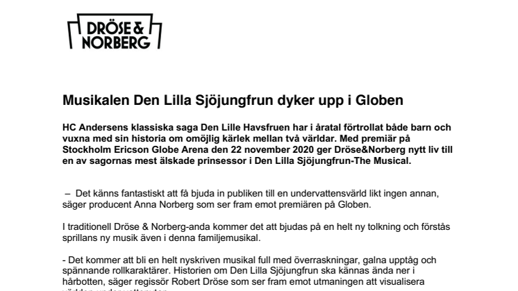 ​Musikalen Den Lilla Sjöjungfrun dyker upp i Globen