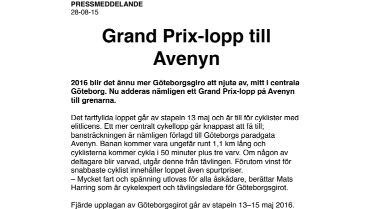 Grand Prix-lopp till centrala Göteborg
