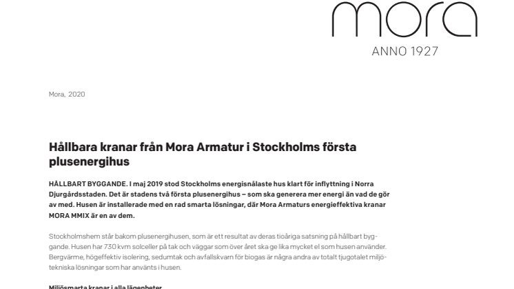 Hållbara kranar från Mora Armatur i Stockholms första plusenergihus 