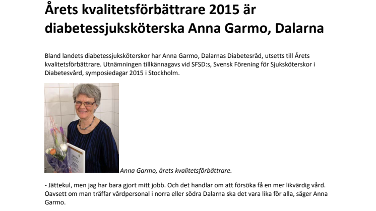 Årets kvalitetsförbättrare 2015 är diabetessjuksköterska Anna Garmo, Dalarna