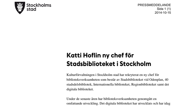 Katti Hoflin ny chef för Stockholms stadsbibliotek