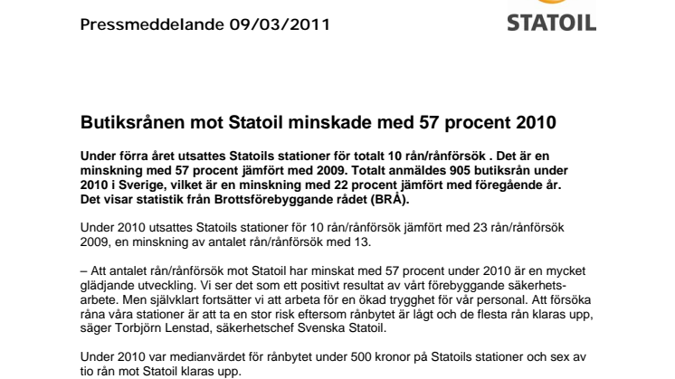 Butiksrånen mot Statoil minskade med 57 procent 2010