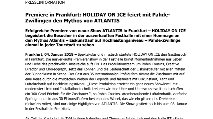 Premiere in Frankfurt: HOLIDAY ON ICE feiert mit Pahde-Zwillingen den Mythos von ATLANTIS
