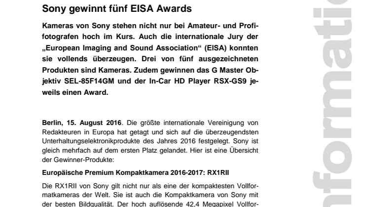 Sony gewinnt fünf EISA Awards 