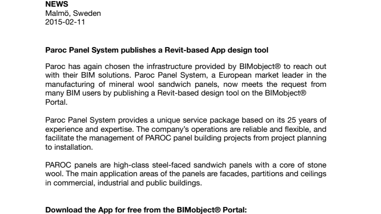 Paroc Panel System publishes a Revit-based App design tool