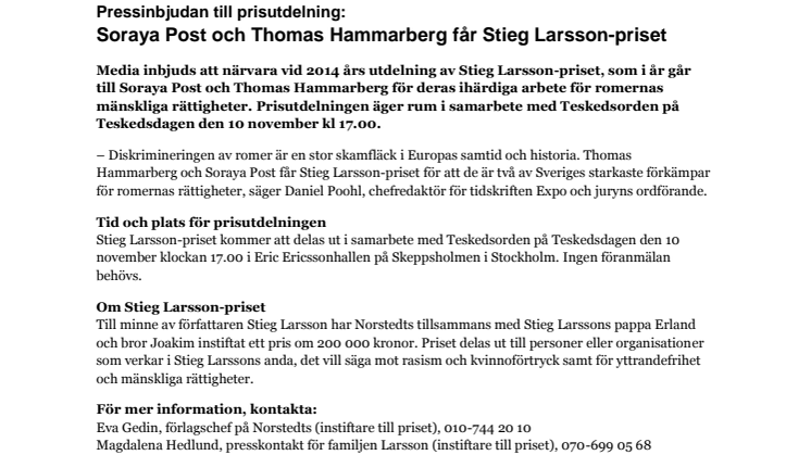 Pressinbjudan till prisutdelning: Soraya Post och Thomas Hammarberg får Stieg Larsson-priset