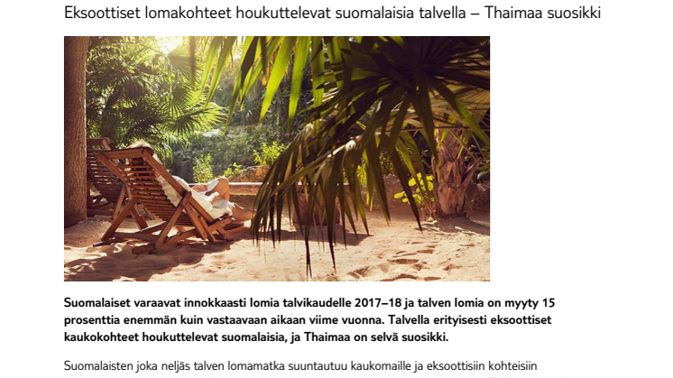Eksoottiset lomakohteet houkuttelevat suomalaisia talvella – Thaimaa suosikki
