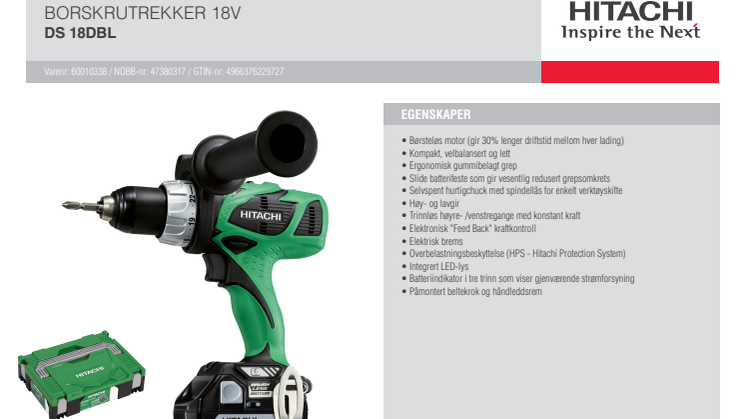 HITACHI Borskrutrekker DS18DBL (5,0Ah)