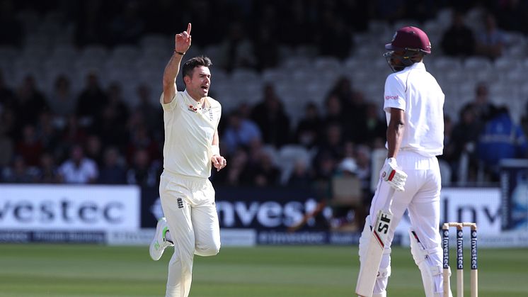 England's Jimmy Anderson celebrates a dismissal during  last summer's Test series against the West Indies