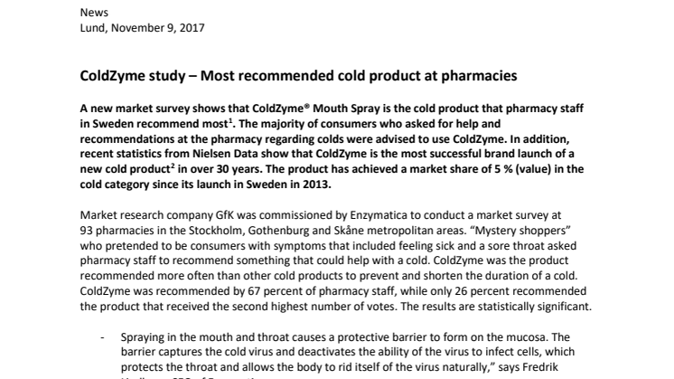 ColdZyme study – Most recommended cold product at pharmacies
