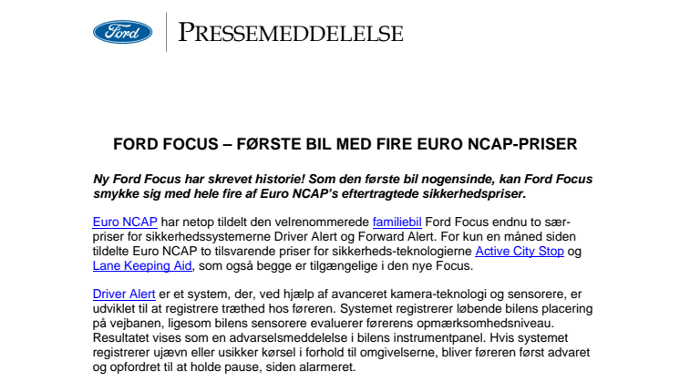 FORD FOCUS – FØRSTE BIL NOGENSINDE MED FIRE EURO NCAP-PRISER