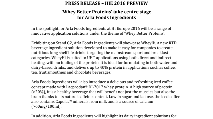 HIE 2016 Preview: ‘Whey Better Proteins’ take centre stage for Arla Foods Ingredients