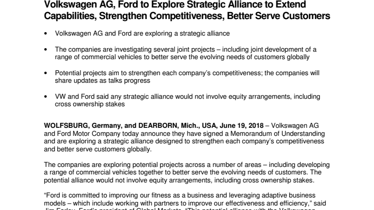 Ford og Volkswagen indgår strategisk samarbejde 