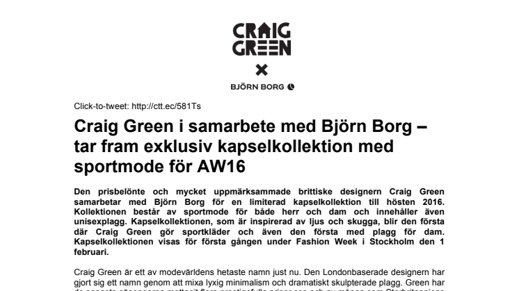 Craig Green i samarbete med Björn Borg – tar fram exklusiv kapselkollektion med sportmode för AW16