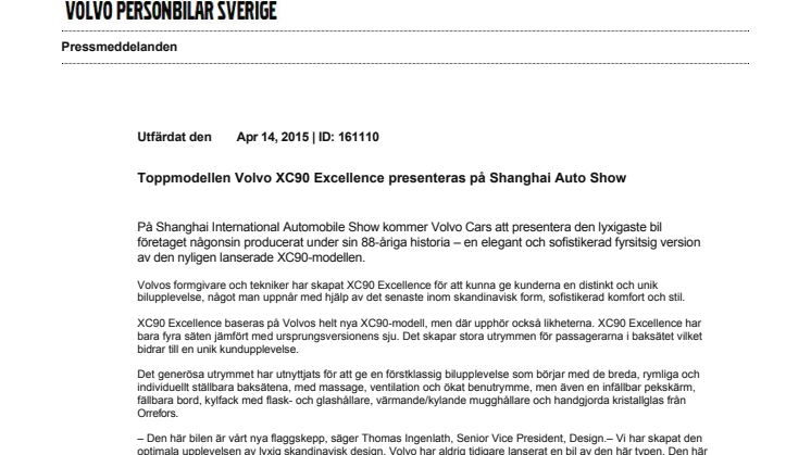 Toppmodellen Volvo XC90 Excellence presenteras på Shanghai Auto Show