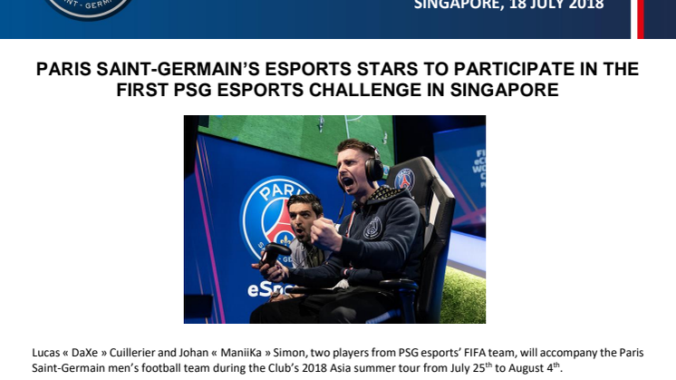 PARIS SAINT-GERMAIN’S ESPORTS STARS TO PARTICIPATE IN THE FIRST PSG ESPORTS CHALLENGE IN SINGAPORE