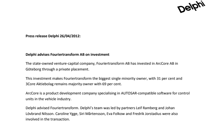 Delphi advises Fouriertransform AB on investment
